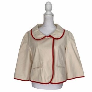 Kate Spade- NWOT Ivory Canvas Cropped Jacket with Red Piping Trim